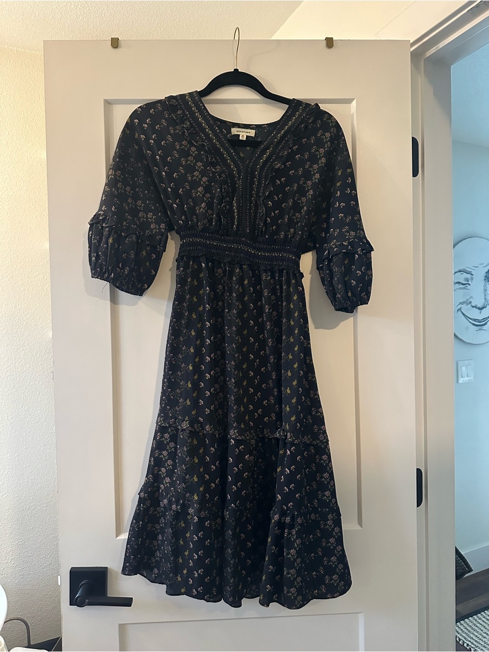 Max Studio Navy Floral Ruffle-Sleeve Dress